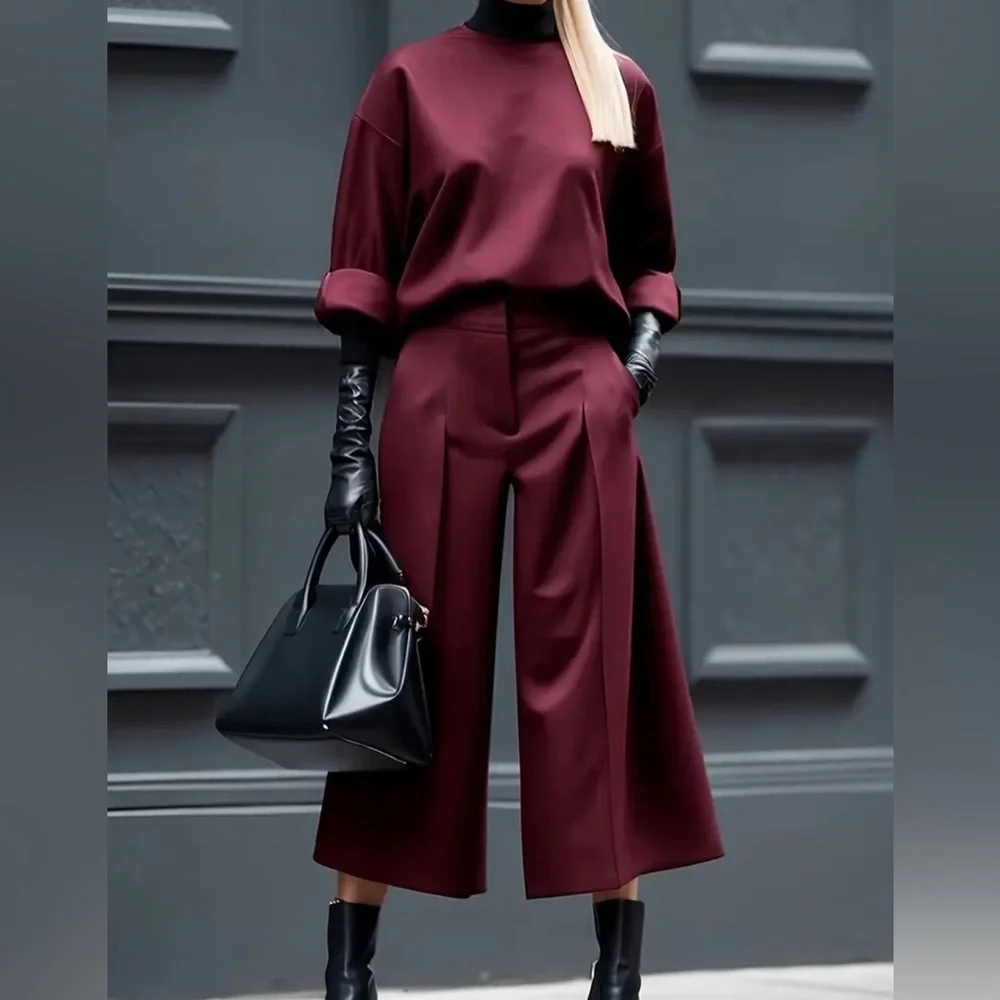 Burgundy Pleated Culottes Pants | Wide-Leg Cropped Trousers, Zip Fly